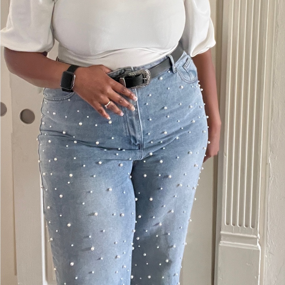 Plus pearl embellished wide leg jean